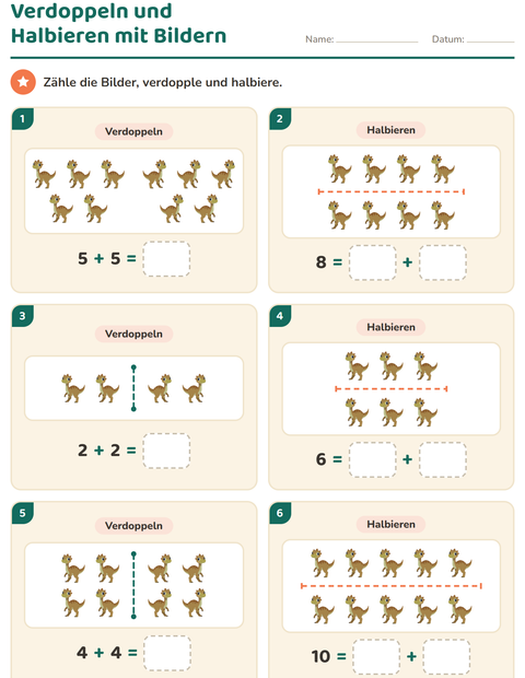 Vorschau: Verdoppeln und Halbieren-Arbeitsblatt mit Dinosaurier für 1. Klasse