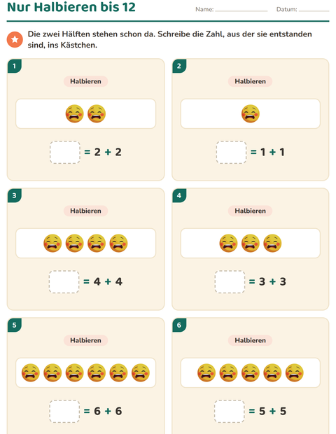 Vorschau: Verdoppeln und Halbieren-Arbeitsblatt mit Emotionen für 1. Klasse