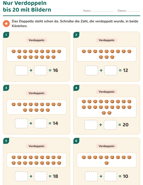 Vorschau: Verdoppeln und Halbieren-Arbeitsblatt mit Erntedankfest für 1. Klasse