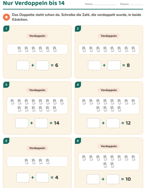 Vorschau: Verdoppeln und Halbieren-Arbeitsblatt mit Essen SW für 1. Klasse