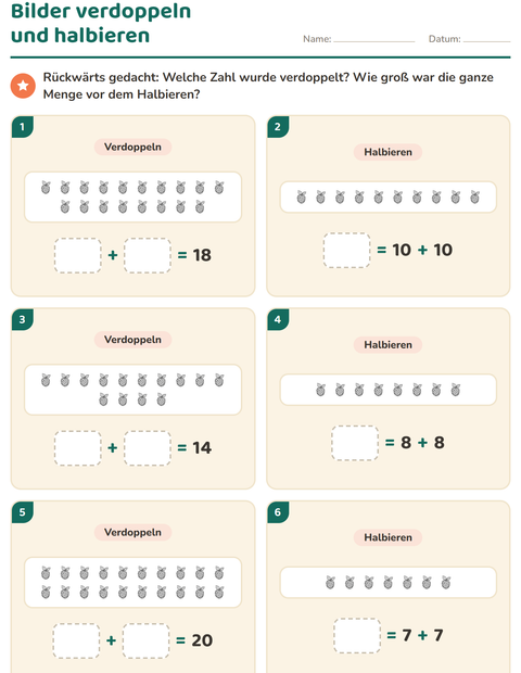 Vorschau: Verdoppeln und Halbieren-Arbeitsblatt mit Früchte SW für 1. Klasse