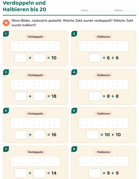 Vorschau: Verdoppeln und Halbieren-Arbeitsblatt für 1. Klasse