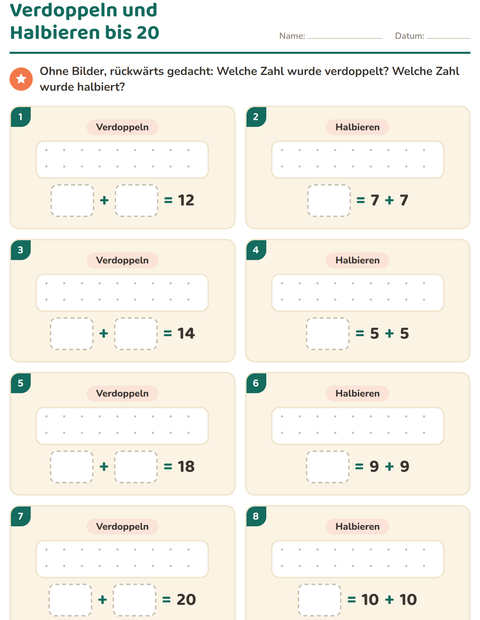 Vorschau: Verdoppeln und Halbieren-Arbeitsblatt für 1. Klasse