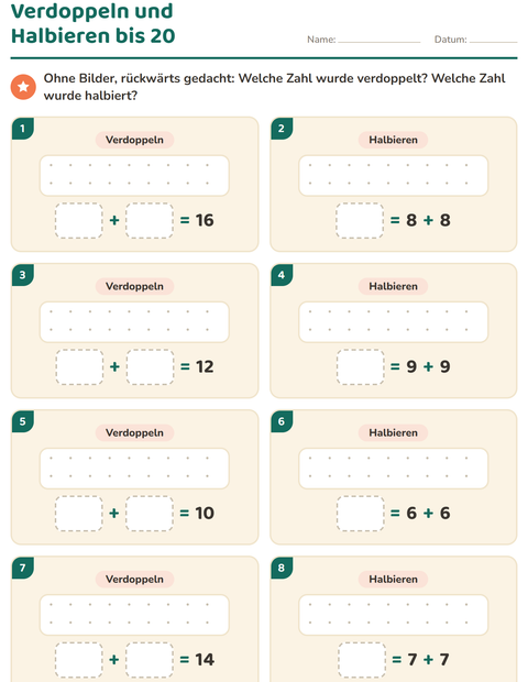 Vorschau: Verdoppeln und Halbieren-Arbeitsblatt für 1. Klasse