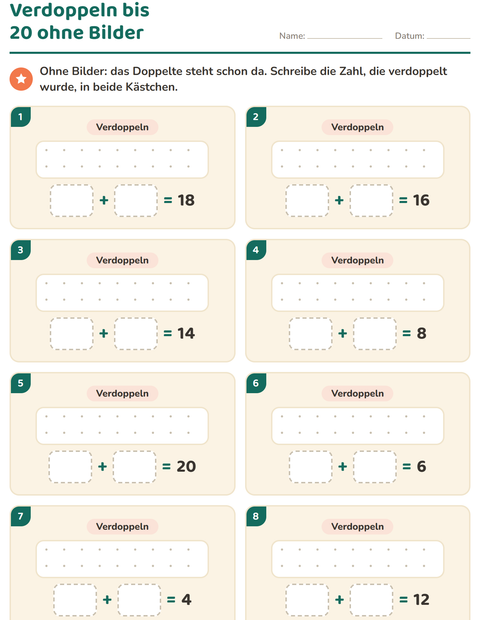Vorschau: Verdoppeln und Halbieren-Arbeitsblatt für 1. Klasse