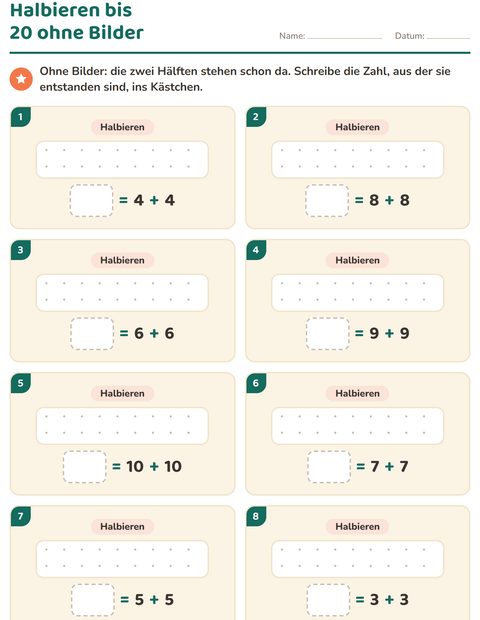 Vorschau: Verdoppeln und Halbieren-Arbeitsblatt für 1. Klasse