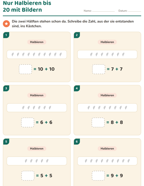 Vorschau: Verdoppeln und Halbieren-Arbeitsblatt mit Haus und Natur SW für 1. Klasse