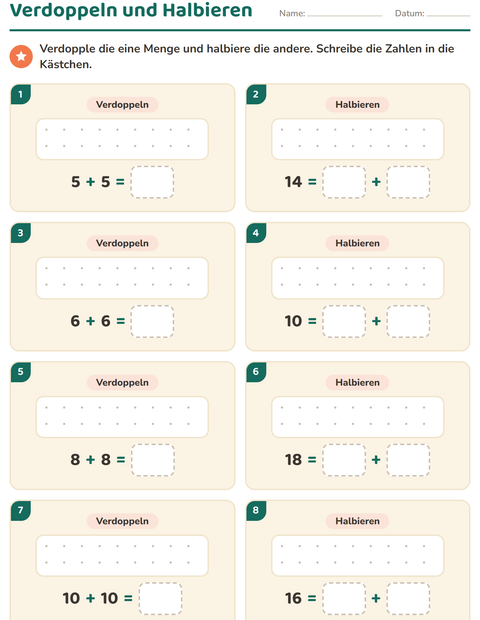 Vorschau: Verdoppeln und Halbieren-Arbeitsblatt mit Insekten und Käfer für 1. Klasse