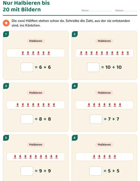 Vorschau: Verdoppeln und Halbieren-Arbeitsblatt mit Krankenhaus für 1. Klasse