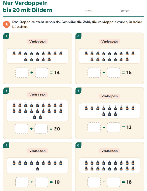 Vorschau: Verdoppeln und Halbieren-Arbeitsblatt mit Küchenwerkzeuge für 1. Klasse