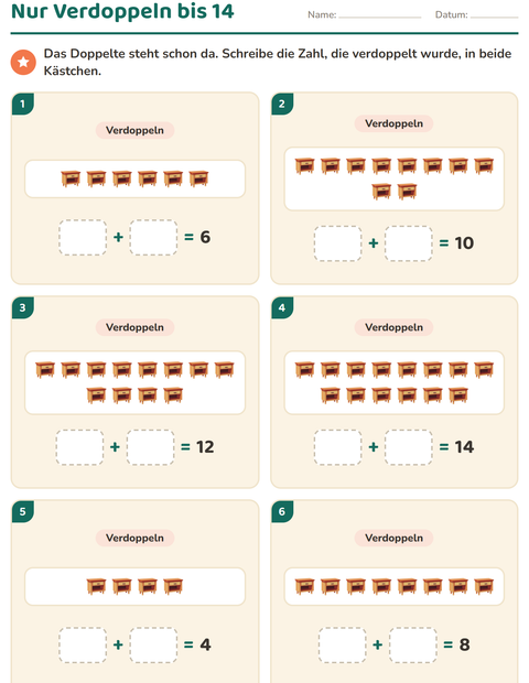 Vorschau: Verdoppeln und Halbieren-Arbeitsblatt mit Möbel für 1. Klasse