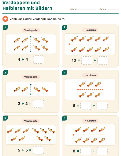 Vorschau: Verdoppeln und Halbieren-Arbeitsblatt mit Musik für 1. Klasse