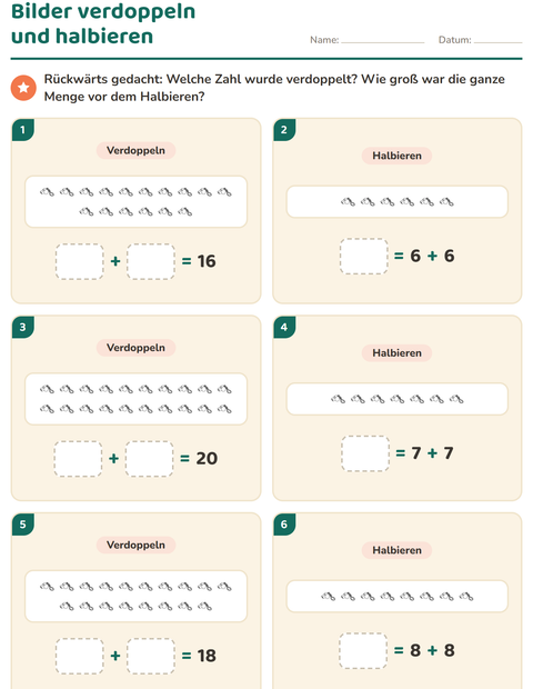 Vorschau: Verdoppeln und Halbieren-Arbeitsblatt mit Objekte SW für 1. Klasse