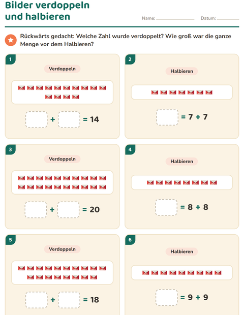 Vorschau: Verdoppeln und Halbieren-Arbeitsblatt mit Postamt für 1. Klasse