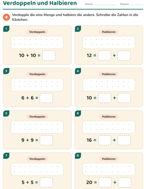 Vorschau: Verdoppeln und Halbieren-Arbeitsblatt mit Sommer für 1. Klasse