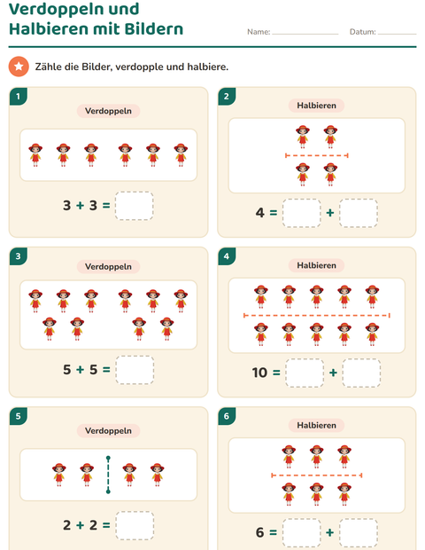 Vorschau: Verdoppeln und Halbieren-Arbeitsblatt mit Spielzeug für 1. Klasse
