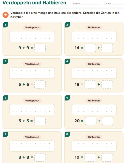 Vorschau: Verdoppeln und Halbieren-Arbeitsblatt mit Tiere SW 5 für 1. Klasse