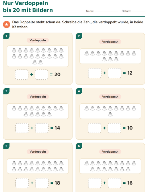 Vorschau: Verdoppeln und Halbieren-Arbeitsblatt mit Valentinstag SW 2 für 1. Klasse