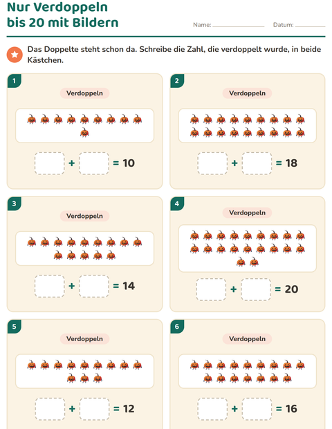 Vorschau: Verdoppeln und Halbieren-Arbeitsblatt mit Verschiedenes für 1. Klasse