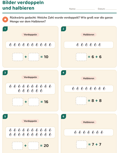 Vorschau: Verdoppeln und Halbieren-Arbeitsblatt mit Vögel 2 für 1. Klasse
