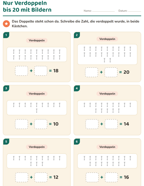 Vorschau: Verdoppeln und Halbieren-Arbeitsblatt mit Werkzeuge SW für 1. Klasse