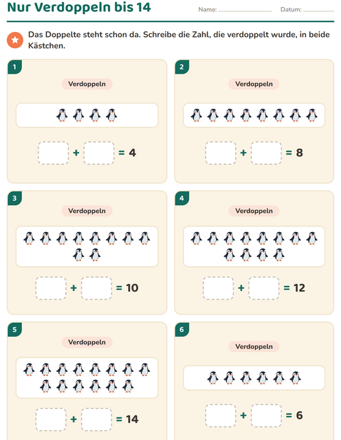 Vorschau: Verdoppeln und Halbieren-Arbeitsblatt mit Winter für 1. Klasse