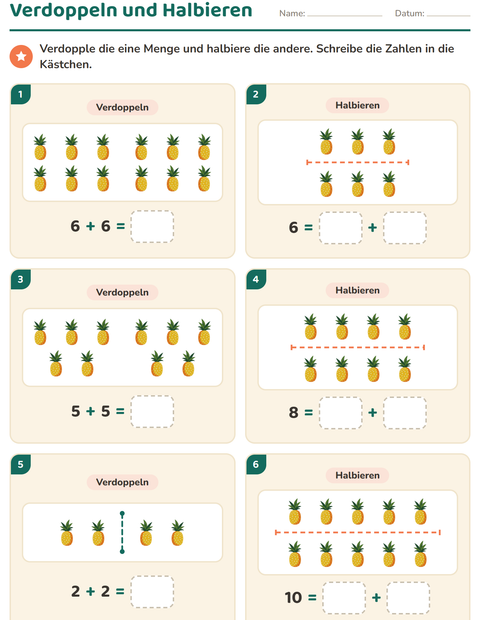 Vorschau: Verdoppeln und Halbieren-Arbeitsblatt mit Sommer für 1. Klasse