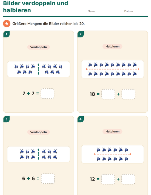 Verdoppeln und Halbieren mit Bildern bis 20 – vier große Karten