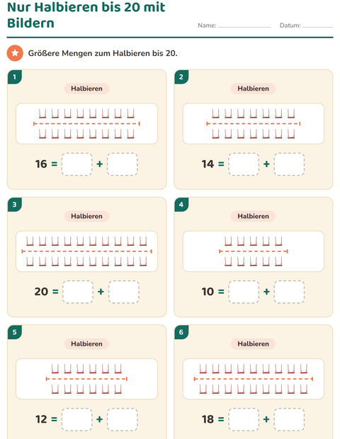 Nur Halbieren bis 20 mit Bildern – zehn bis zwanzig Dinge teilen
