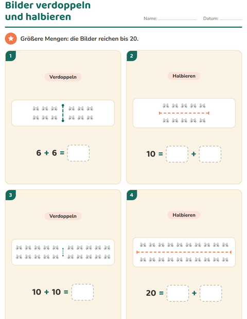 Vorschau: Verdoppeln und Halbieren-Arbeitsblatt mit Strand SW 2 für 1. Klasse