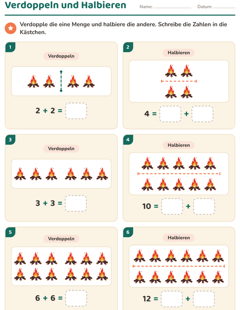 Vorschau: Verdoppeln und Halbieren-Arbeitsblatt mit Verschiedenes für 1. Klasse