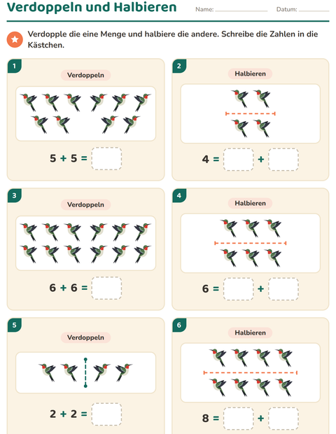 Vorschau: Verdoppeln und Halbieren-Arbeitsblatt mit Vögel 2 für 1. Klasse