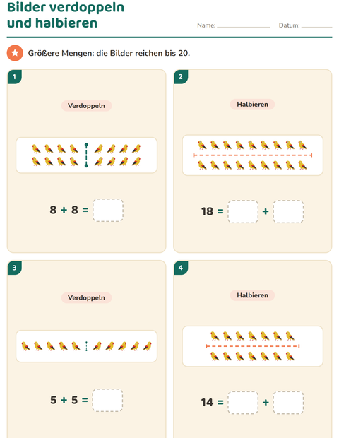 Vorschau: Verdoppeln und Halbieren-Arbeitsblatt mit Vögel für 1. Klasse
