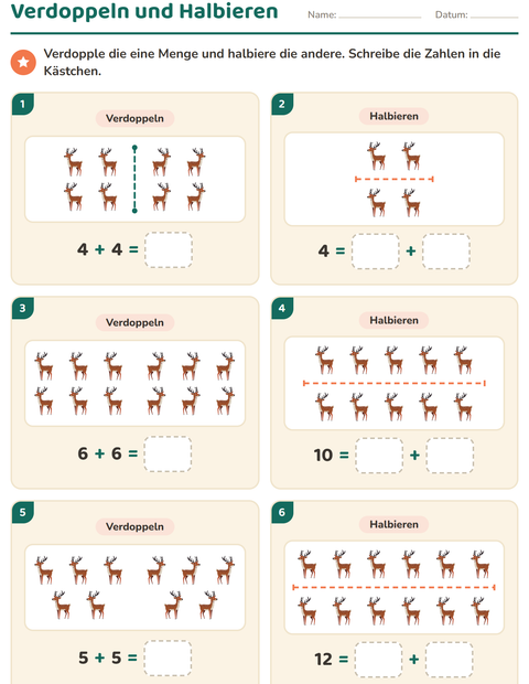 Vorschau: Verdoppeln und Halbieren-Arbeitsblatt mit Weihnachten für 1. Klasse