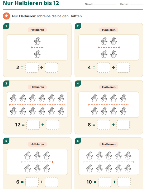 Vorschau: Verdoppeln und Halbieren-Arbeitsblatt mit Weihnachten S/W 2 für 1. Klasse