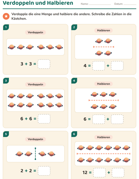 Vorschau: Verdoppeln und Halbieren-Arbeitsblatt mit Weltraum für 1. Klasse