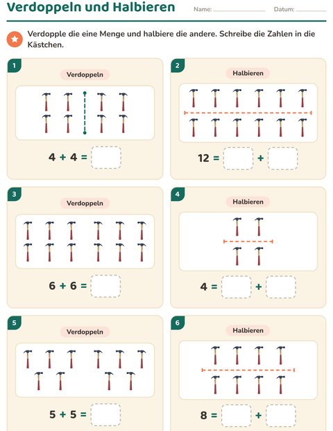 Vorschau: Verdoppeln und Halbieren-Arbeitsblatt mit Werkzeuge für 1. Klasse