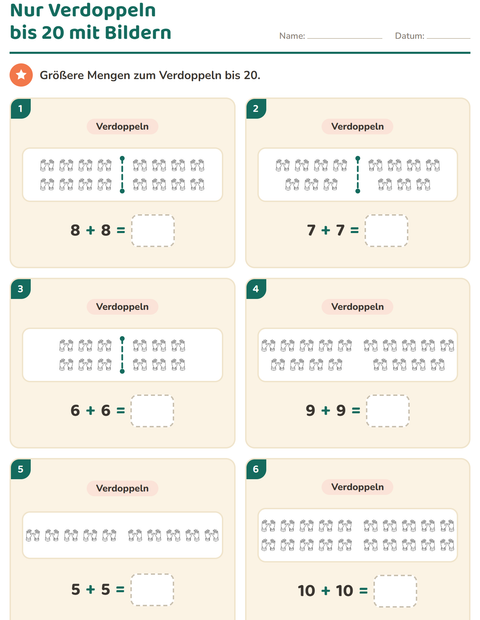 Vorschau: Verdoppeln und Halbieren-Arbeitsblatt mit Werkzeuge SW für 1. Klasse