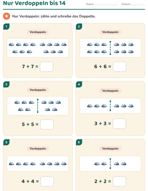Vorschau: Verdoppeln und Halbieren-Arbeitsblatt mit Wetter für 1. Klasse