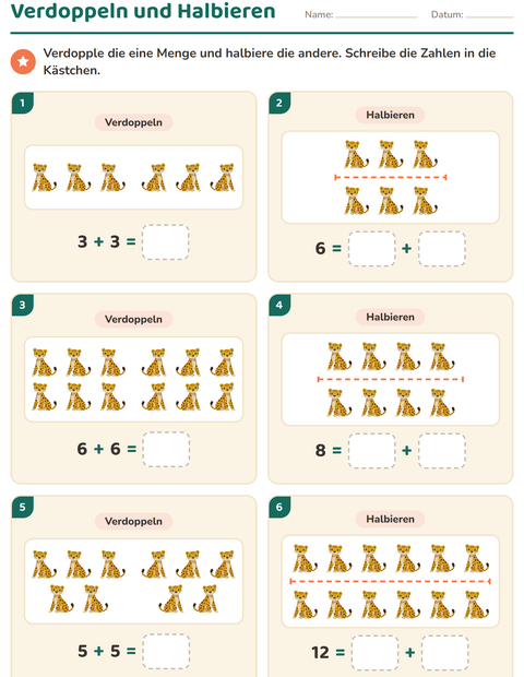 Vorschau: Verdoppeln und Halbieren-Arbeitsblatt mit Zootiere für 1. Klasse