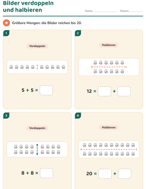 Vorschau: Verdoppeln und Halbieren-Arbeitsblatt mit Zuhause SW für 1. Klasse