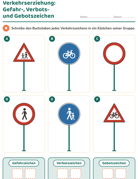 Vorschau: Gefahrzeichen, Verbotszeichen, Gebotszeichen: Verkehrszeichen sortieren