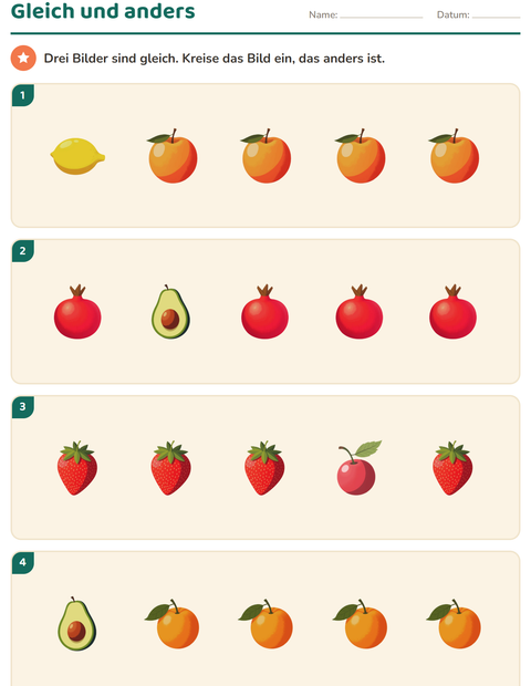 Vorschau: Visuelle Wahrnehmung-Arbeitsblatt mit Früchte für Kindergarten