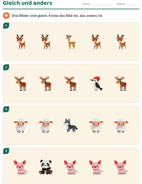 Vorschau: Visuelle Wahrnehmung-Arbeitsblatt mit Tiere für Kindergarten