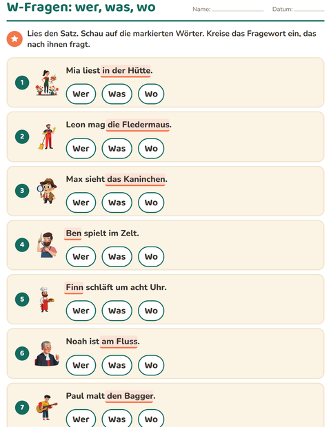 Vorschau: W-Fragen-Arbeitsblatt für 1. Klasse