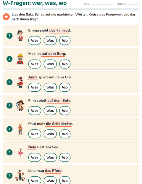 W-Fragen: Wer, Was oder Wo fragt nach dem markierten Teil?