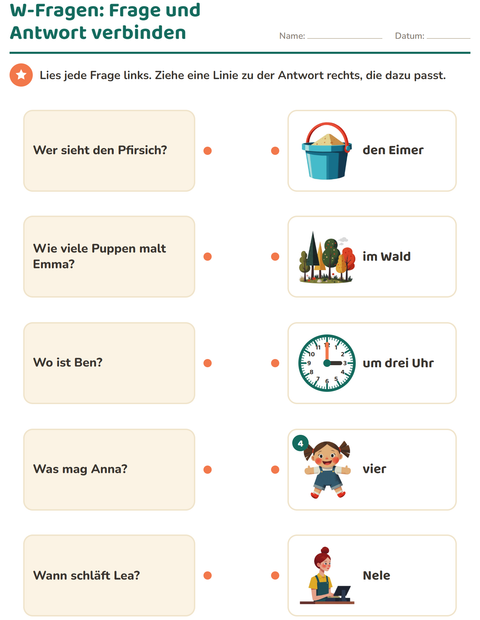 Vorschau: W-Fragen-Arbeitsblatt für 1. Klasse