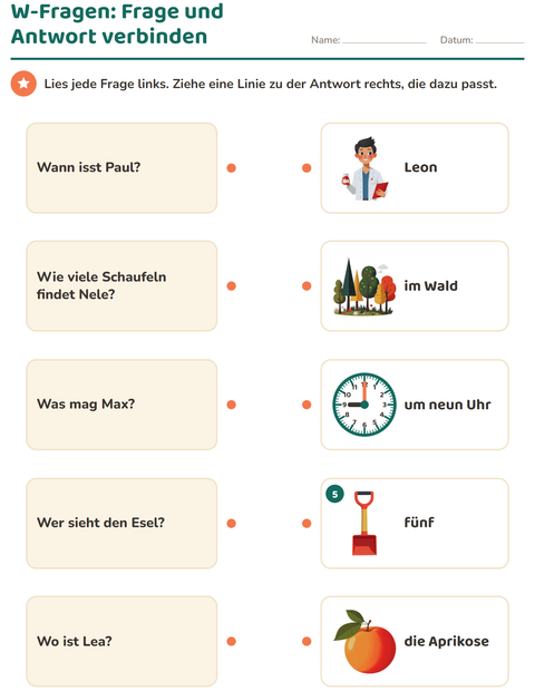 Vorschau: W-Fragen-Arbeitsblatt für 1. Klasse