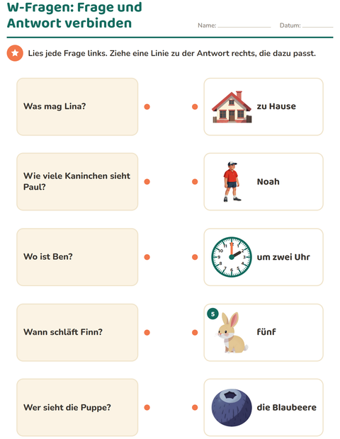 Vorschau: W-Fragen-Arbeitsblatt für 1. Klasse