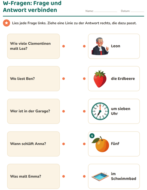 Vorschau: W-Fragen-Arbeitsblatt für 1. Klasse